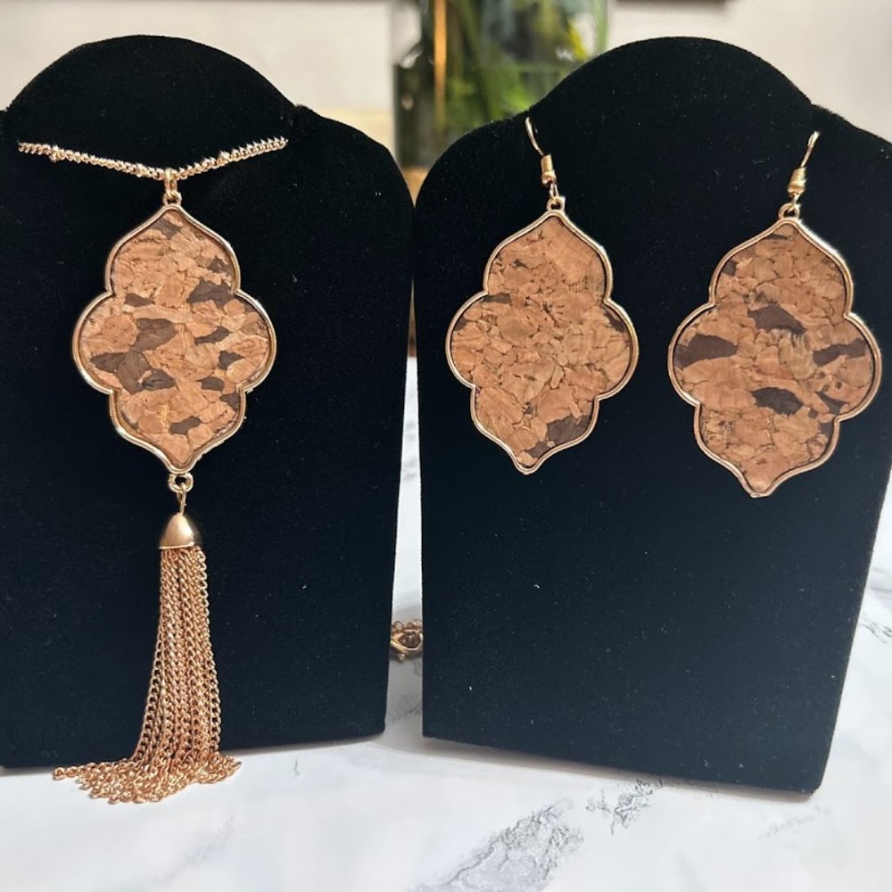 SOLD- Cork Quatrefoil Floral Moroccan Inspired Necklace and Dangle Earrings Set